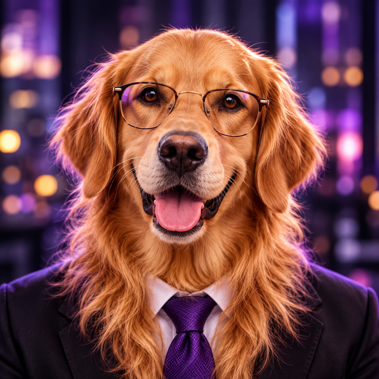 Bobby, a golden retriever in glasses and a tie