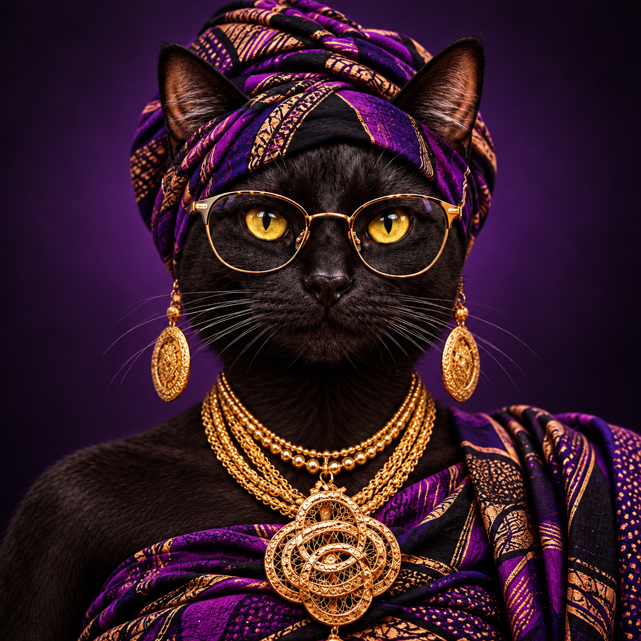 Kamila, a black cat in a purple-and-gold head wrap, glasses, and jewelry